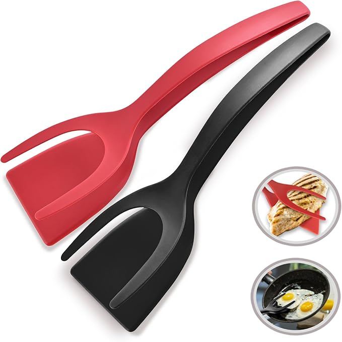 2 in 1 Flipper Spatula with tongs - Nylon Easy Grip Flip Spatula for Hash browns, Burgers, Steaks, French Toast, Omelets, Pancakes - Non-Stick Head, Ergonomic Handle, Withstands High Temperatures thumbnail