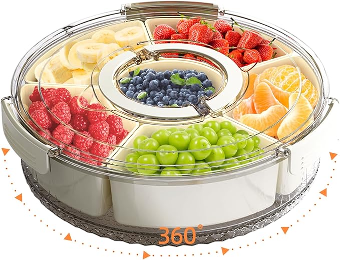 Divided Serving Tray with Lid and Handle, Stackable Snackle Box Container for Fruits Candy Organizer, Portable Spinning Rounded Veggie Tray for Kitchen, Party, Trave and Picnic thumbnail