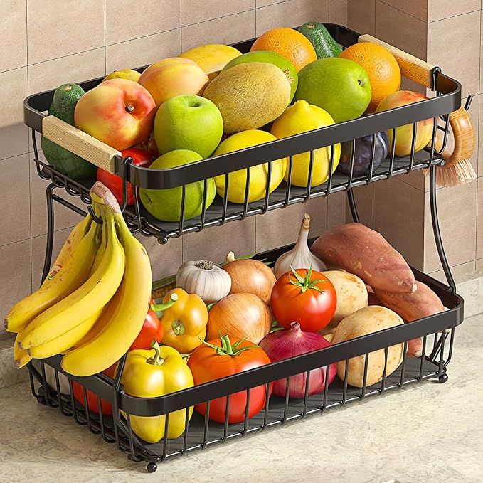 2 Tier Large Fruit Basket for Kitchen Counter with 2 Mobile Banana Hangers, 2025 Pro Detachable Metal Fruit Bowl with Wooden Handle, Fruit Holder for Bread Snack Veggies with Protective Mats thumbnail
