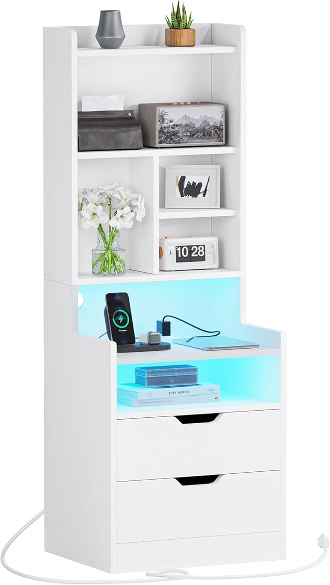 ADORNEVE Tall Night Stand with Charging Station and LED Lights,White Nightstand with Bookshelf,Bedside Table with Drawers & Power Outlets,End Side Table for Bedrooms thumbnail