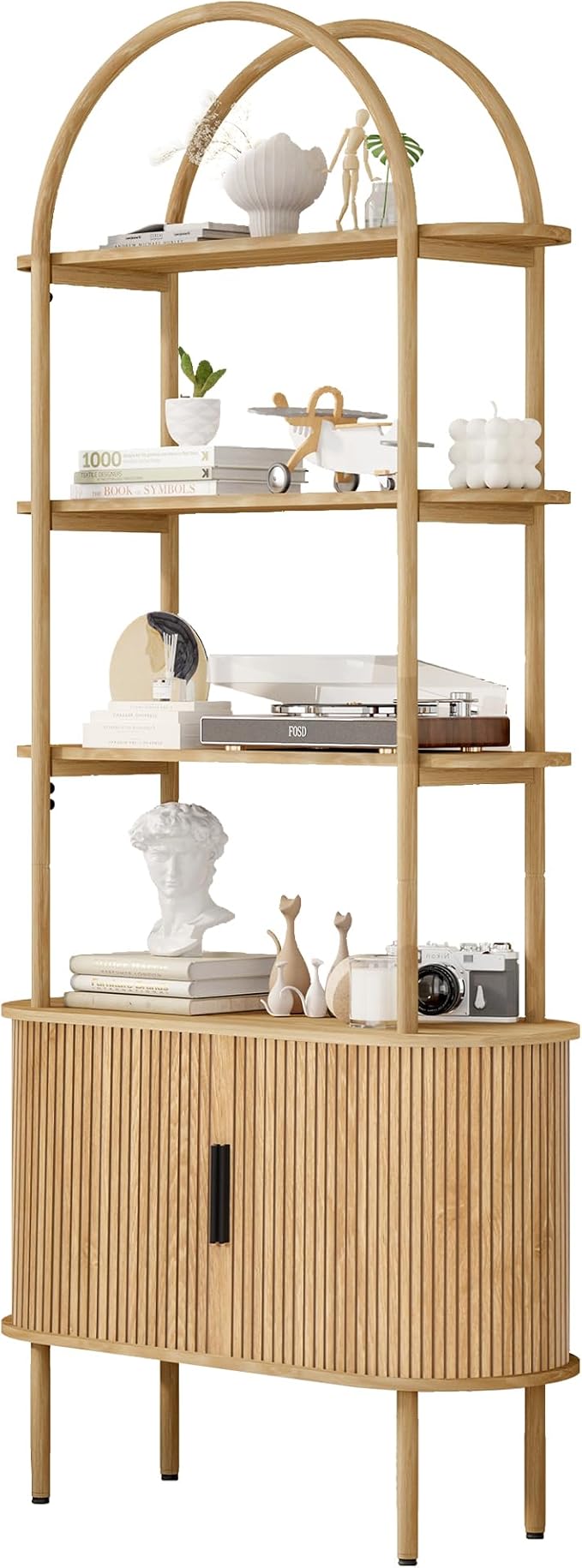 71" Tall Fluted Arched Bookshelf with Sliding Tambour Doors, Mid Century Modern Metal Curved Bookshelf Cabinet with Storage, 4-Tier Open Display Storage Shelf for Home Office, Living Room thumbnail