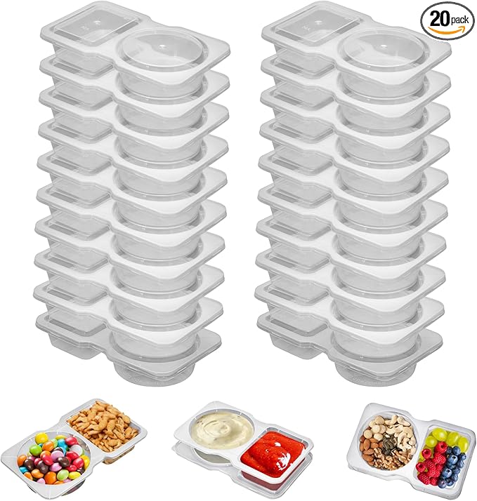 20 Set Reusable Snack Containers, 2-Compartment Dipping Containers with Lid for Refrigeration, Portion Control, Outdoor Takeaway Sauce Dip Case thumbnail