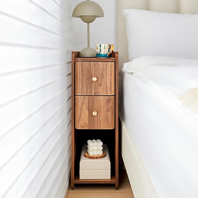 Narrow End Table Bedroom, Wooden Small 2 Drawer Nightstand, Thin Couch Side End Table, Skinny Bedside Table Small Spaces, Mid Century Modern Night Stand with Drawers thumbnail