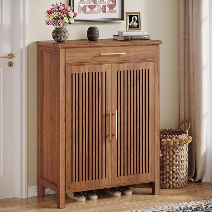 Tribesigns Shoe Cabinet, 5-Tier Shoe Storage Cabinet with Louvered Doors and Drawer, Freestanding Wooden Shoe Rack Organizer with Adjustable Shelves for Entryway, Hallway, ClosetLouvered Door Design: Harmonizing vintage allure with contemporary style, this entryway shoe cabinet features two louvered doors for satisfactory air circulation and excellent shoe storage. Its rustic brown finish adds timeless charm to your home thumbnail
