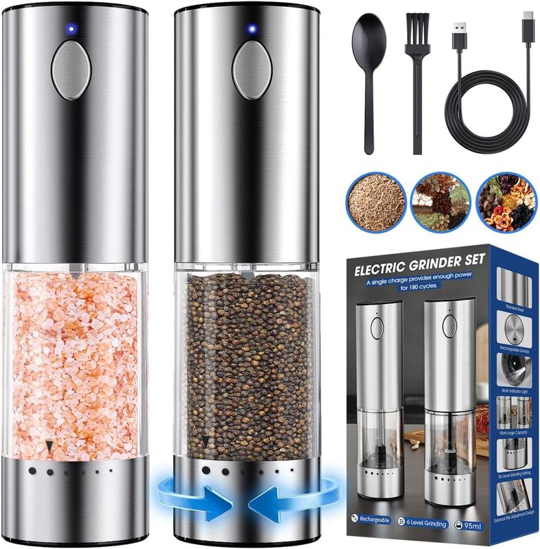 HomeHacks Upgraded Larger Capacity Electric Salt and Pepper Grinder Set, Rechargeable Type-C with LED Light, Stainless Steel Automatic & 6 Adjustable Coarseness, Ideal for Housewarming/Christmas Gifts thumbnail