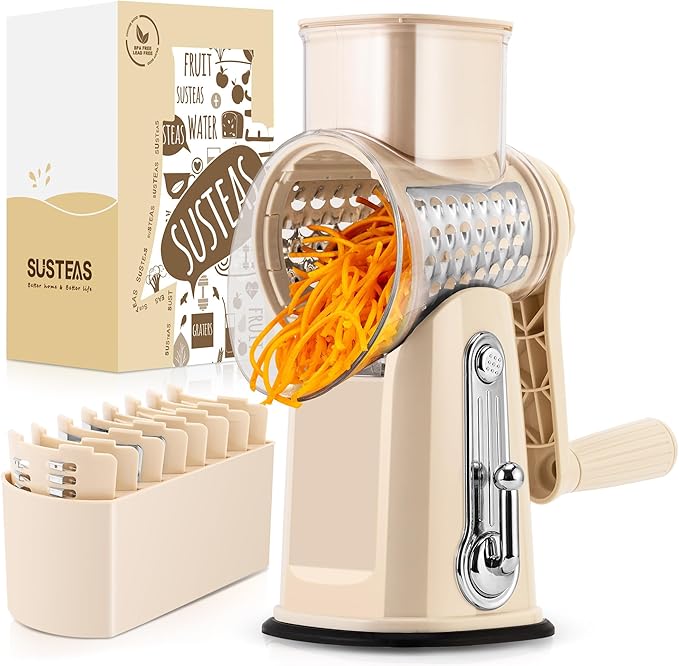 SUSTEAS Rotary Cheese Grater with Handle - Vegetable Shredder with 5 Well-designed Blades & Strong Suction Base,Round Mandoline Slicer & Food Chopper for Kitchen,with Blade Storage Box thumbnail