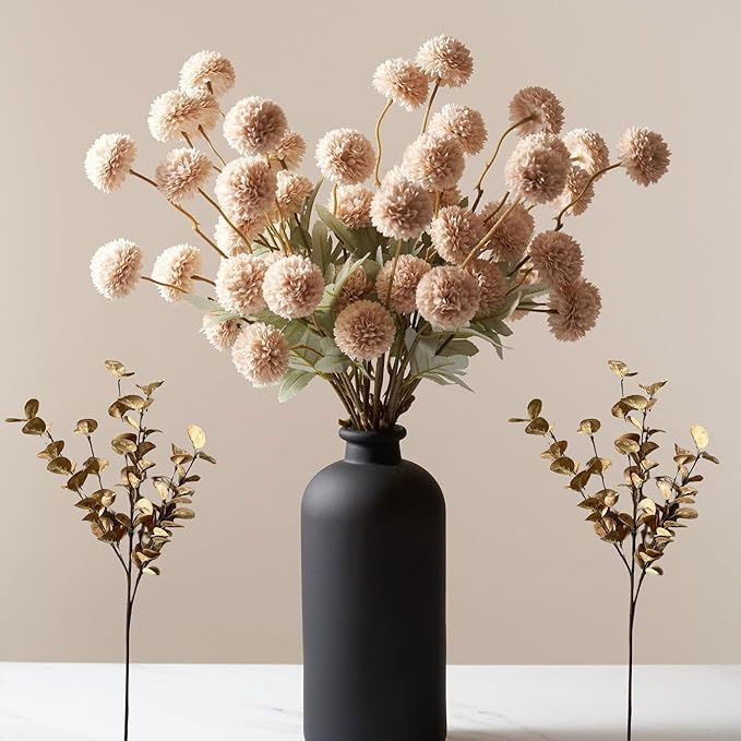 Beige Fake Flowers Silk 10 Mum Stems Eucalyptus Arrangement, Faux Flowers For Vase, Artificial Mums, Mini Floral Long Stem, Tan Nude Cream Neutral Floral thumbnail