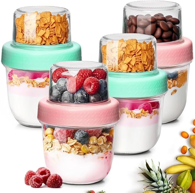 ComSaf Overnight Oats Containers with Lids (8oz+4oz, 4Pcs), Glass Yogurt Parfait Cups for Cereal Nut Fruit, Dual-Layer Chia Pudding Jars Reusable, Small Mason Jars for Salad, Meal Prep, Snack, Oatmeal thumbnail