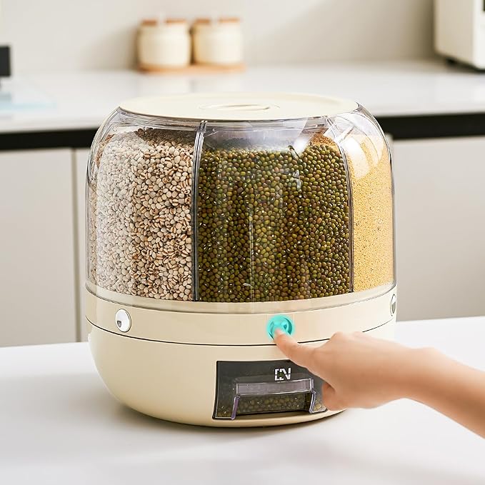 Rice Dispenser | 360° Rotating Grain Storage Bin - 6 Grids, 20LBS Large Capacity Food Container, Moisture-Proof, One-Click Output for Rice, Beans & Pet Food - Kitchen Pantry Organizer thumbnail