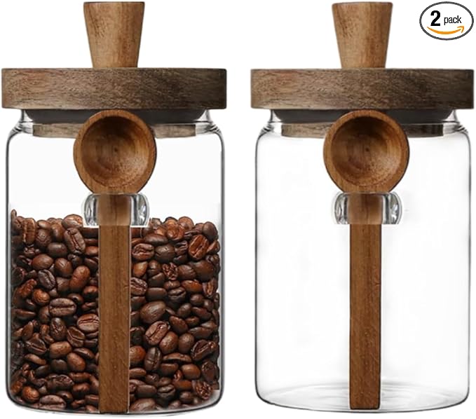 ANSQU Set of 2 Glass Food Storage Jars with Bamboo Wood Lid and Spoon, 20.3oz Glass Kitchen Canisters for Coffee, Tea, Cereal, Spice and Canning, Mason Jars, Cute Jar thumbnail