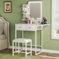 Makeup Vanity Desk with Mirror and Lights, Small Vanity with Fabric Storage Drawer & Chair & Shelves, White Vanity with Fold-up Panel and Power Outlet for Bedroom thumbnail