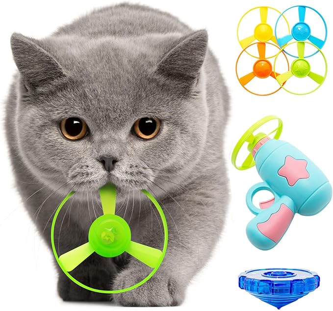 Cat Fetch Toy, Interactive Flying Cat Toy with 1 Light Up Spinning Tops, 1 LED Propellers and 4 Flying Propellers,Kitten Tracks Toy for Training Hunting thumbnail