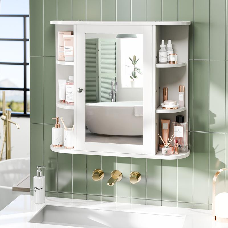 Bathroom Mirror Cabinet, Medicine Cabinet Wall Mounted with Mirror and 6 Open Shelves, White Bathroom Wall Cabinets thumbnail