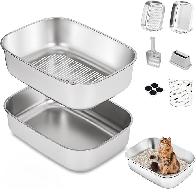 Stainless Steel Sifting Litter Box with Lid, Metal Litter Pan with Scoop for Big Cats Multi Cat, Extra Large Cats Litterbox Odor Control Easy Clean thumbnail