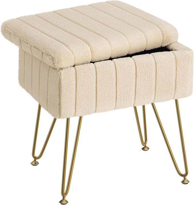 Greenstell Vanity Stool Chair Faux Fur with Storage, 15.7"L x 11.8"W x 19.4"H Soft Ottoman 4 Metal Legs with Anti-Slip Feet, Furry Padded Seat, Modern Multifunctional Chairs for Makeup, Bedroom thumbnail
