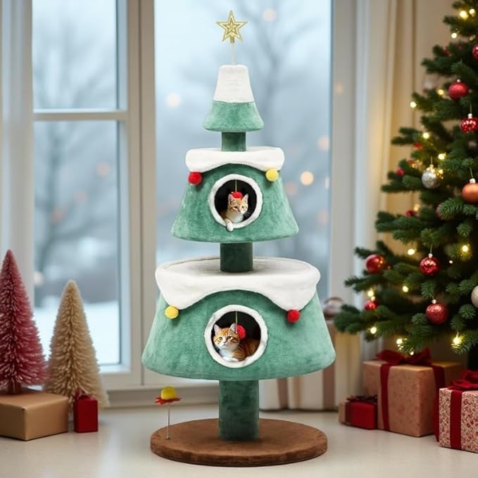 YITAHOME 63" Christmas Cat Tree with Teaser Plaything, Cat Tower for Indoor Kitten with 2 House, Christmas Tree Design with Plush Ball for 2 Cats thumbnail