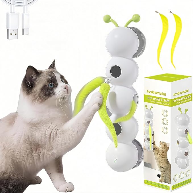 Interactive Cat Feather Toy, Automatic Fluffy Cat Teaser, Whack-a-Mole Cat Toy, USB Rechargeable, Wall-Mounted, with Suction Cup, Perfect for Indoor Cats thumbnail