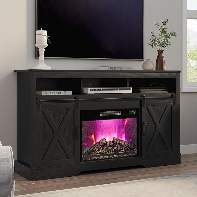 RoyalCraft Farmhouse Fireplace TV Stand for 65+ Inch TV, Entertainment Center with 23" Electric Fireplace with Remote, 34" Tall Modern Rustic TV Console with Sliding Bar Door for Living Room thumbnail