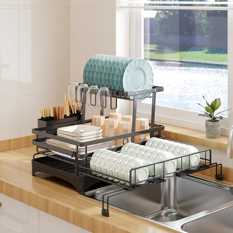 Dish Drying Rack, Bottom Expandable Large Capacity Dish Racks Drainer with Drainboard/Utensil for Kitchen Countertop, Multifunctional Dish Drainer, Automatic Drainage(Large) thumbnail