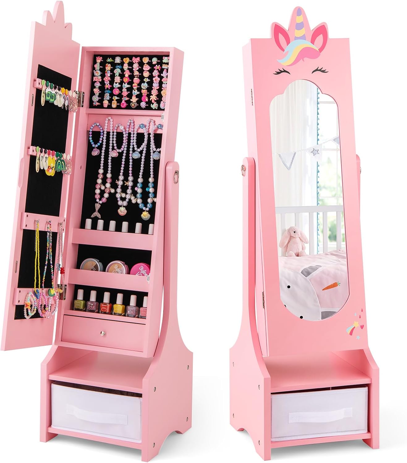 HONEY JOY Kids Jewelry Armoire Cabinet, 45.5" Standing Wooden Standing Jewelry Organizer with Full-length Mirror and Storage Drawers, Children Dress Up Vanity Jewelry Cabinet for Little Girls (Pink) thumbnail