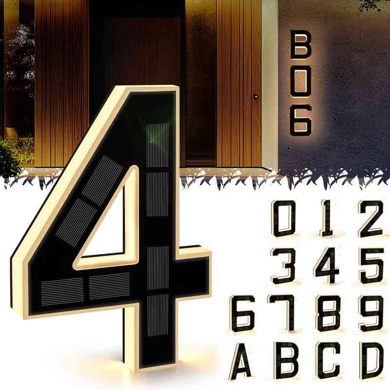 ISUNMEA 9 Inch Solar Lighted House Numbers for Outside, Light Up Waterproof LED Address Numbers Signs for Houses, Large Personalized Illuminated Exterior Modern House Numbers Light (4-Black, 9IN) thumbnail