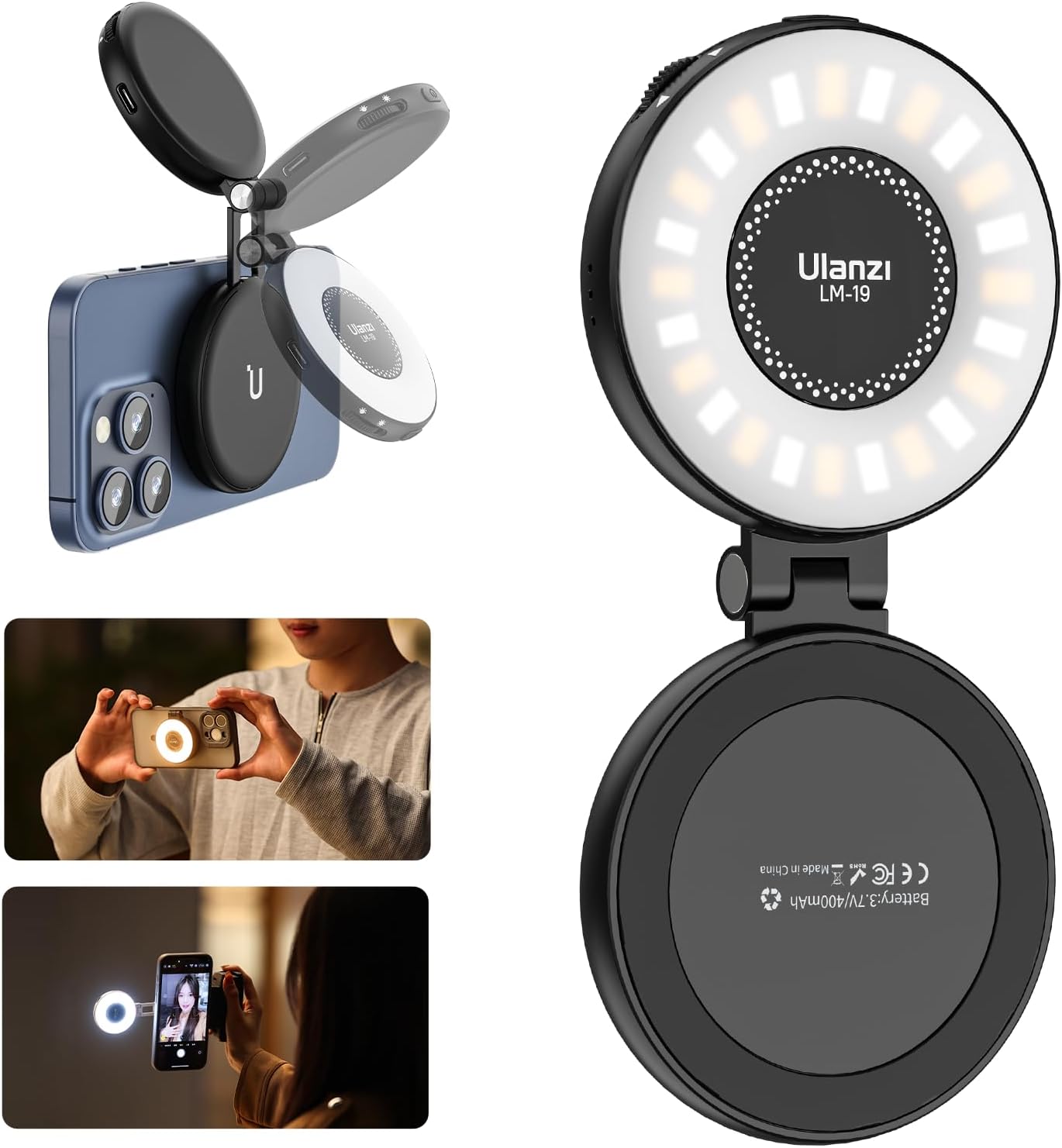 ULANZI Magnetic Selfie Light, LED Fill Light Compatible with Magsafe, LED Selfie Ring Light Included Sticky Ring for Phones, for Selfies/Photography/TikTok/Zoom Calls/Video Conference Color Black thumbnail