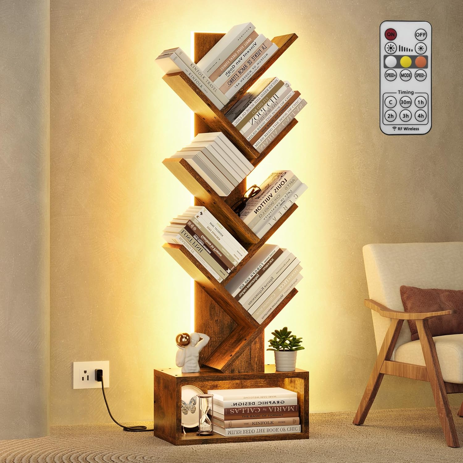 Hoctieon 6 Tier Tree Bookshelf, Tall Bookcase, Freestanding Book Shelf with LED Lights, Display Floor Standing Storage Shelf, Book Organizer Shelves for Home Office, Living Room, Rustic Brown thumbnail