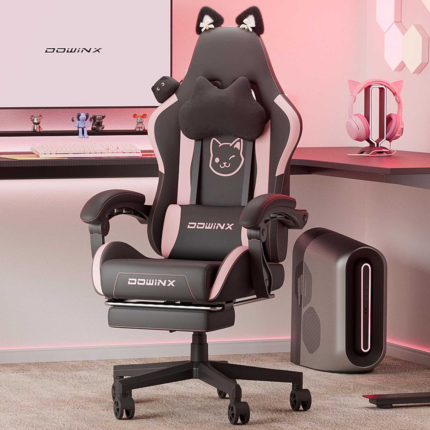 Dowinx Gaming Chair Cute with Cat Ears and Massage Lumbar Support, Ergonomic Computer Chair for Girl with Footrest and Headrest, Comfortable Reclining Game Chair 290lbs for Adult, Teen thumbnail