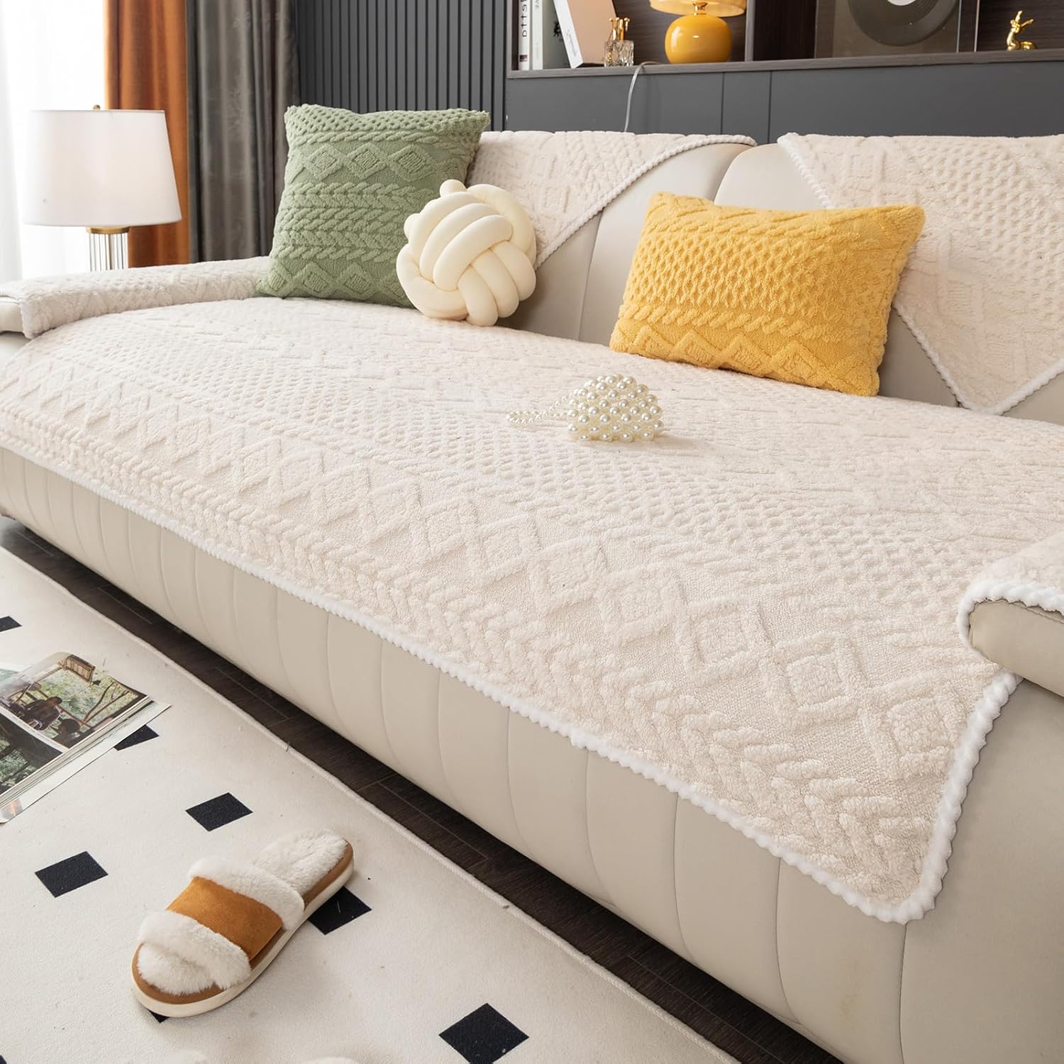 Geometric Jacquard Plush Warm Sofa Couch Cover, Soft Funny Fuzzy Couch Covers, Non Slip Sectional Sofa Slipcover, Cozy Washable Furniture Protector for Kids, Pets thumbnail