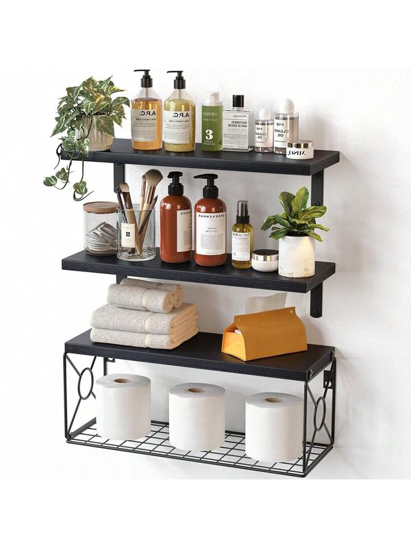 Amada Bathroom Shelves Over Toilet with Storage Basket, Floating Wall Shelves for Home Organization & Wall Decor, Bathroom/Kitchen/Living Room ShelvesBlack thumbnail