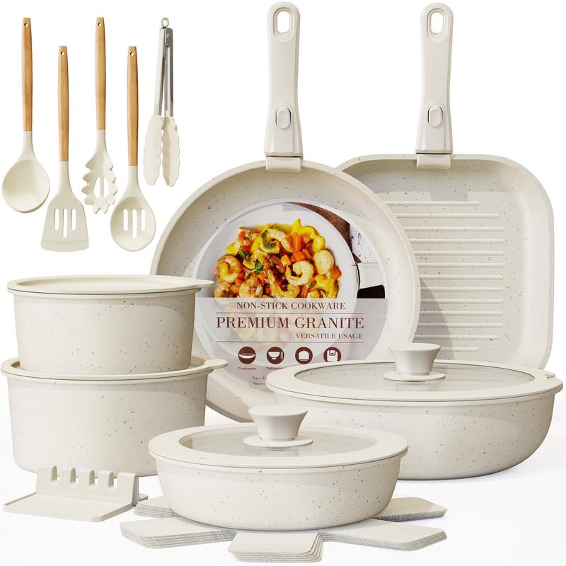 Astercook 23 Pcs Pots and Pans Non Stick Ceramic Cookware Set Detachable Handle, RV Stackable Kitchen Cooking Set Removable Handles, Oven Safe, Induction Ready, Cream White thumbnail