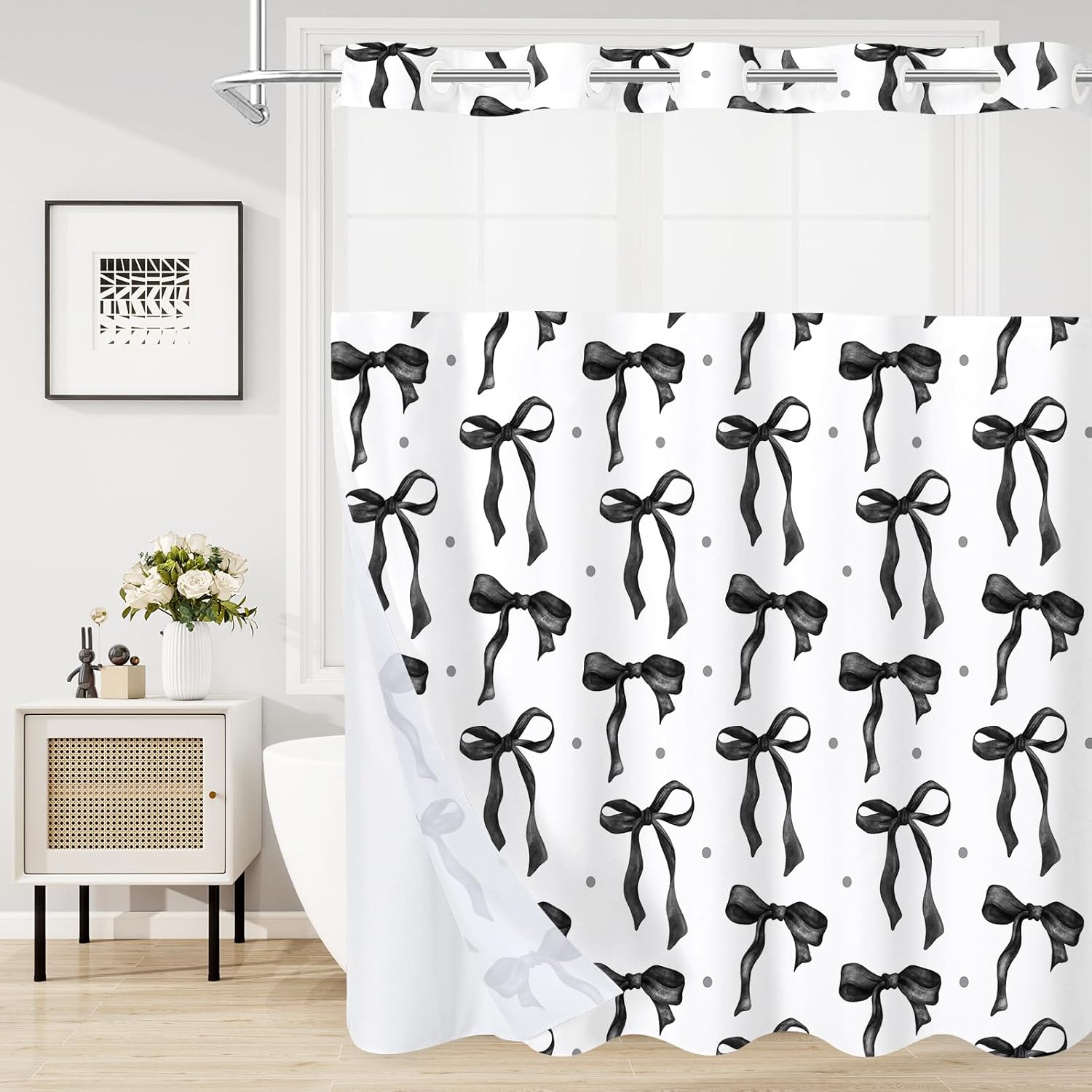 No Hook Black and White Cute Bows Shower Curtain and Liner Set, Modern Fabric Girly Shower Curtain with Snap in Liner, Chic Elegant Girls Fashion Pretty Sweet Bows, 72 x 74 thumbnail