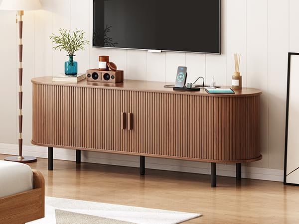 ONBRILL 63" TV Stand with Power Outlet for TVs up to 70 Inch, Entertainment Center with Storage and Adjustable Shelves, Modern Media Console with Sliding Doors for Living Room, Walnut thumbnail