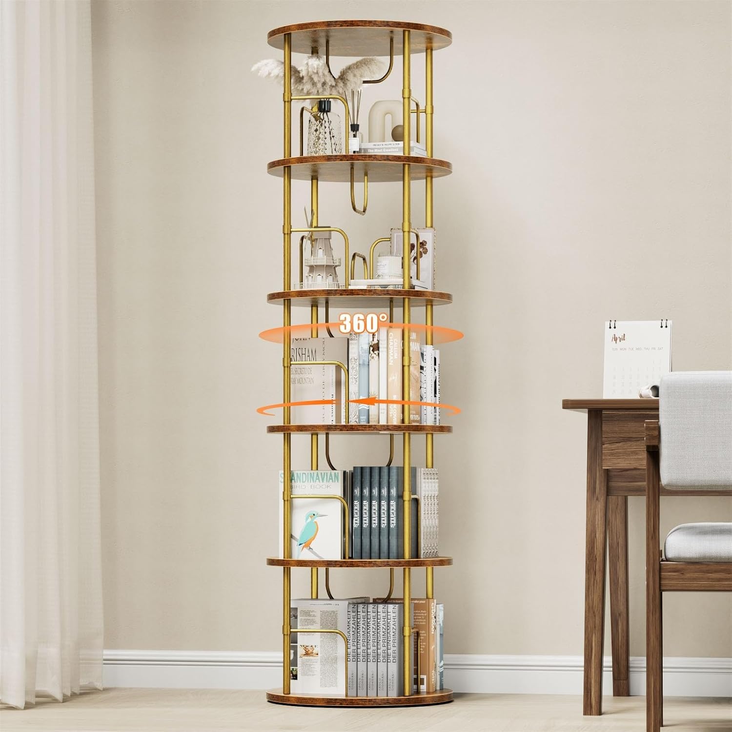 5 Tier Rotating Bookshelf, 360 ° Display Stackable Spinning Bookshelf Tower, Narrow Space Saving Tall Floor Standing Swivel Bookcase Corner Storage Organizer for Bedroom, Living Room thumbnail