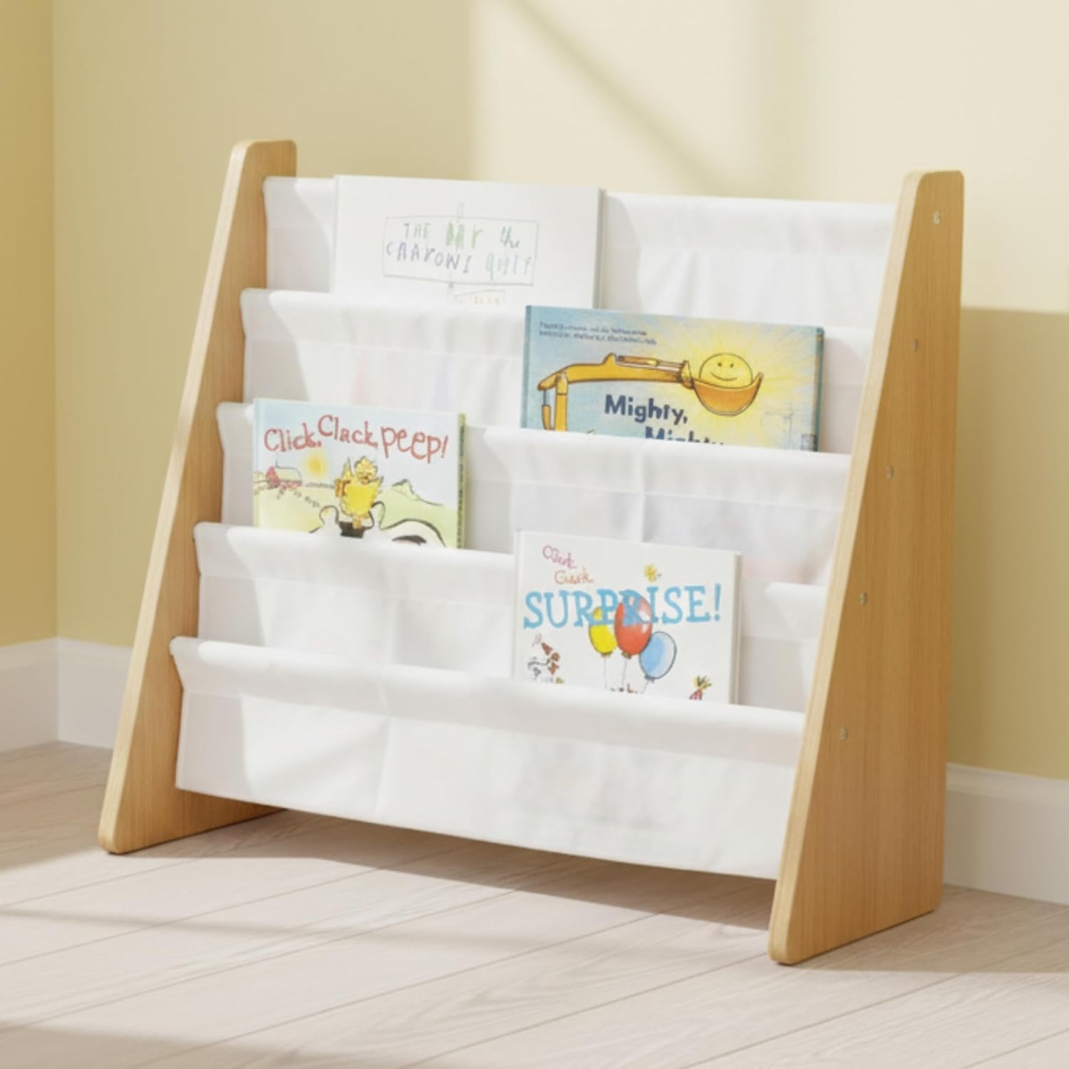 Humble Crew 4-Tier Kids Bookshelf, Natural Wood/White - Premium Book Shelf for Kids Rooms with Four Deep Pockets - Toddler Sling Book Rack with Deep Sleeves, Nursery Bookcase Organizer thumbnail