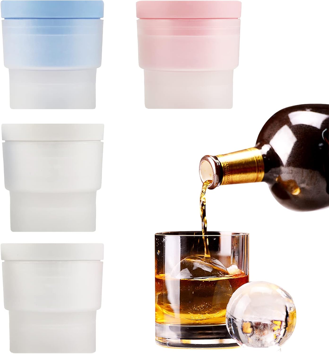 Ice Ball Maker, Set of 4 2.5 Inch Ice Spheres Mold,Round Ball ice Cube Mold for Whiskey Cocktails Juice Beverages Bourbon,Old Fashioned Clear Ice Cube Mold Silicone Freezer Press(White,Blue&Pink) thumbnail