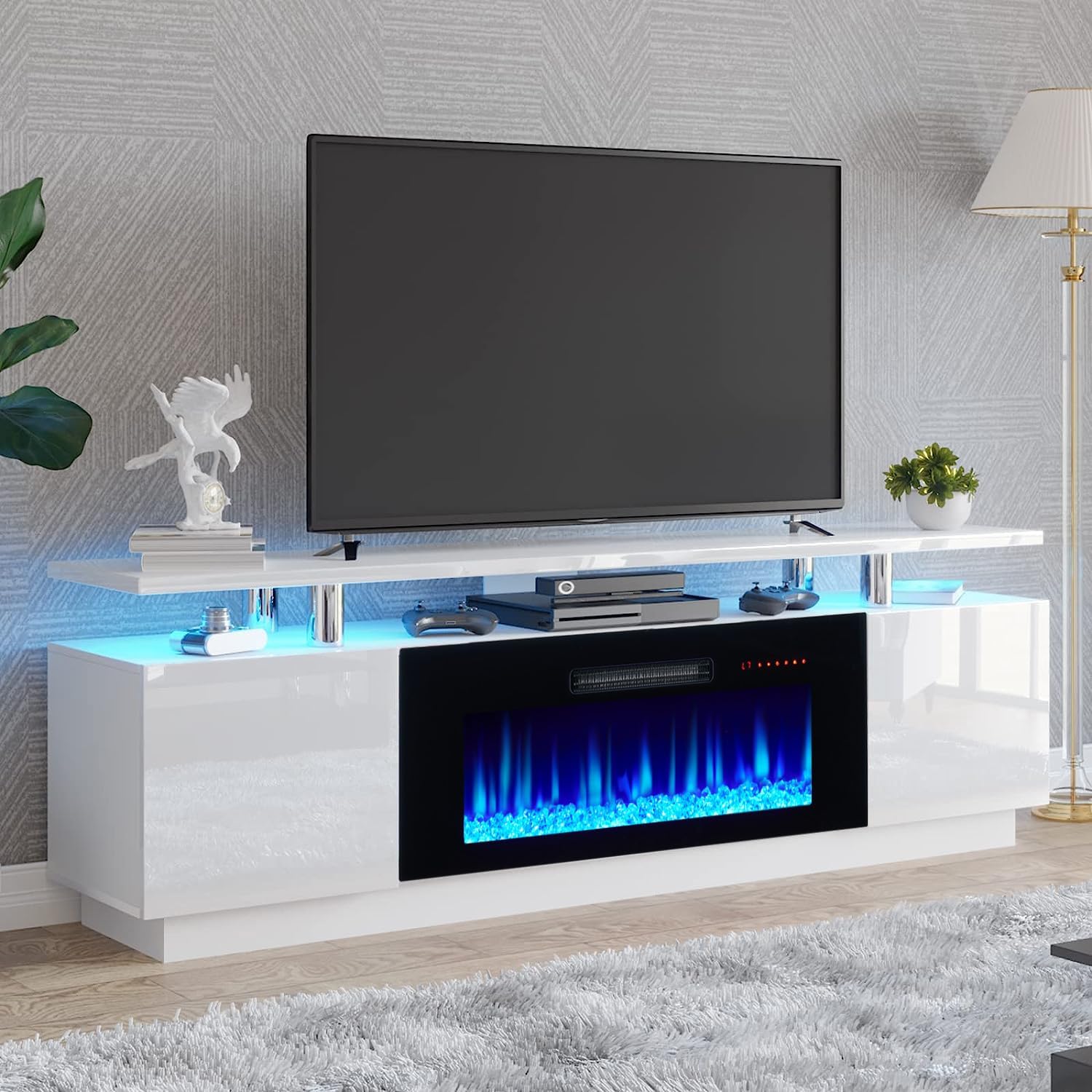 AMERLIFE Fireplace TV Stand with 36" Fireplace, 70" Modern Fireplace Entertainment Center LED Lights, 2 Tier TV Console Cabinet for TVs Up to 80" thumbnail