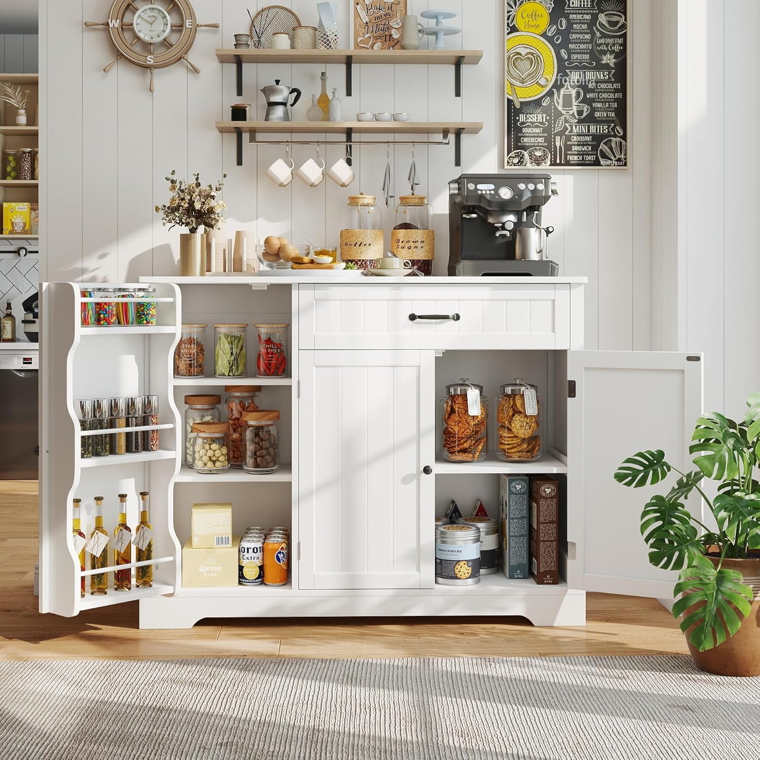 Gizoon Kitchen Coffee Bar Cabinet with Storage Kitchen Sideboard Buffet Cabinet with Drawers, Short Pantry with Door and Shelves for Bathroom and Living Room thumbnail