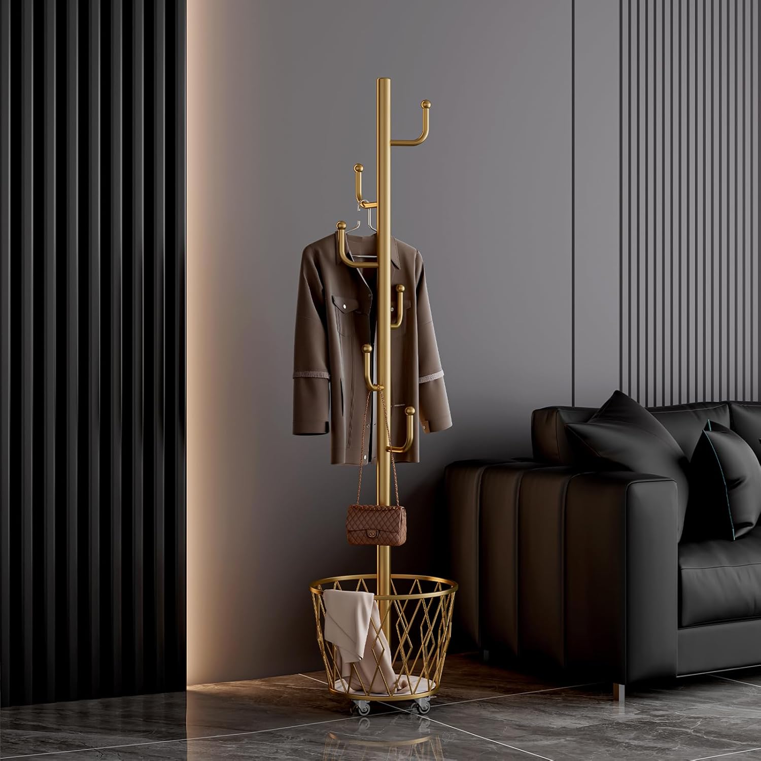 SYO Portable single-pole coat rack with 6 hooks and storage basket; floor-standing coat rack for bedroom and hallway; casters for easy movement; modern minimalist design thumbnail