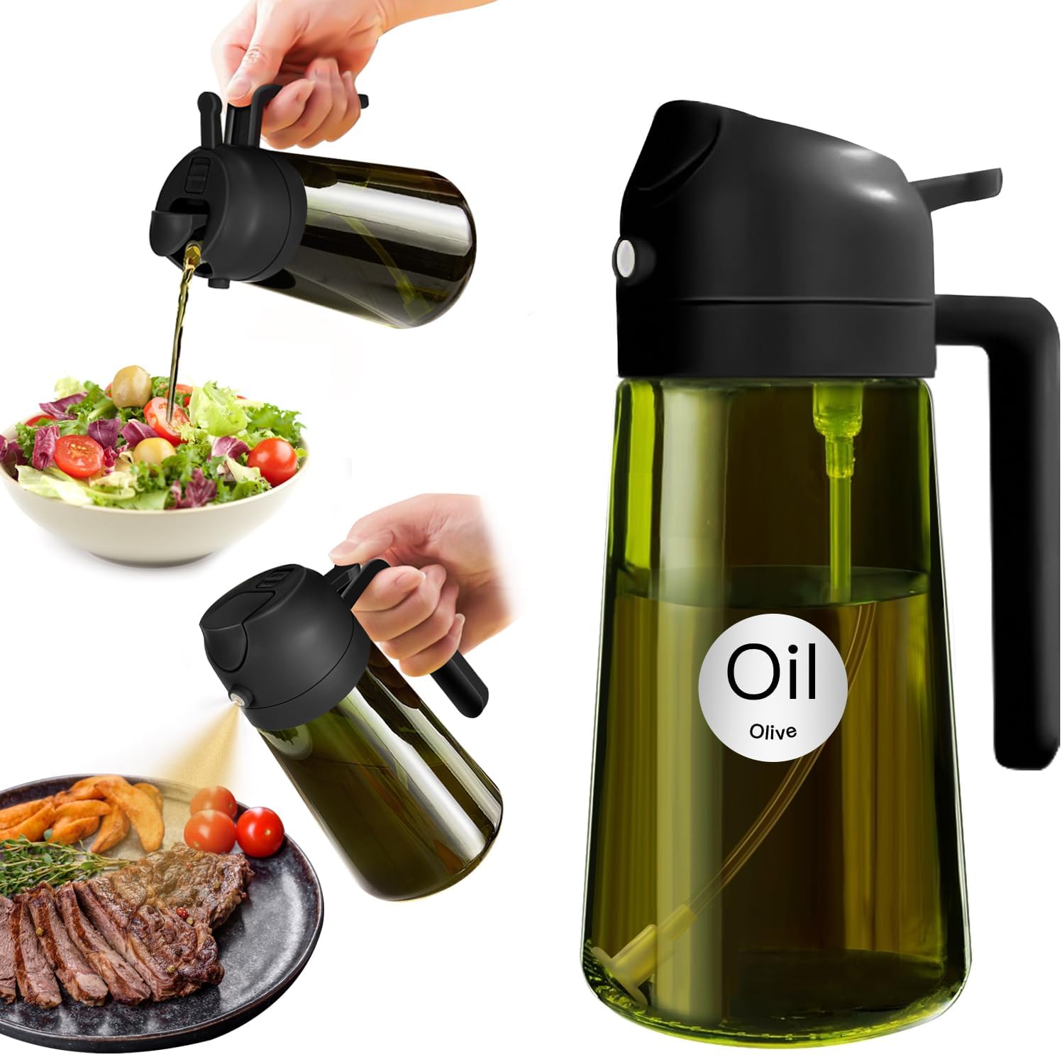 YARRAMATE 16oz/470ml Light-Blocking Dark Oil Sprayer for Cooking, 2 in 1 Olive Oil Dispenser Bottle for Kitchen, Premium Dark Green Glass Oil Bottle, Food-Grade Oil Mister for Air Fryer, BBQ thumbnail