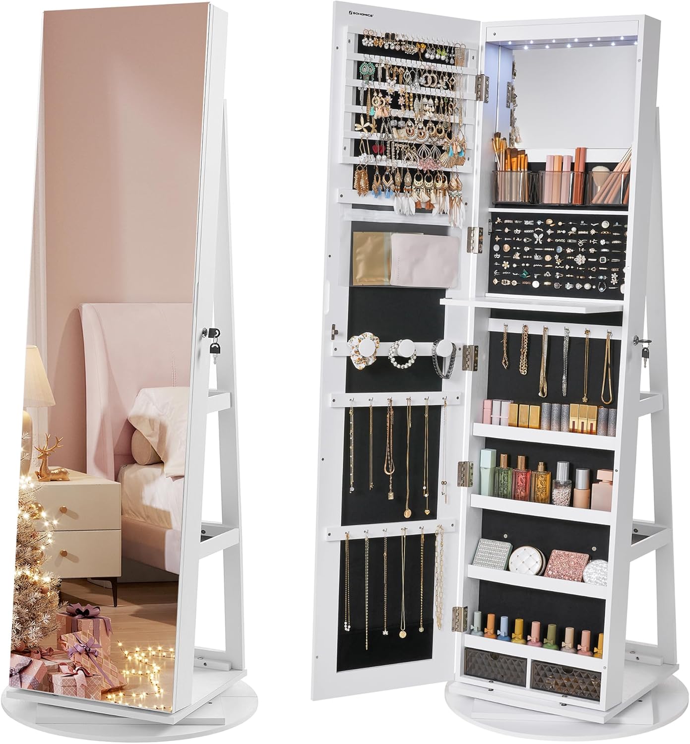 SONGMICS 6 LEDs Lockable Mirror Jewelry Cabinet, 360° Swivel Jewelry Organizer Armoire Standing, Frameless Full-Length Mirror, 3 Storage Shelves, Christmas Gifts, White Surface Black Lining thumbnail