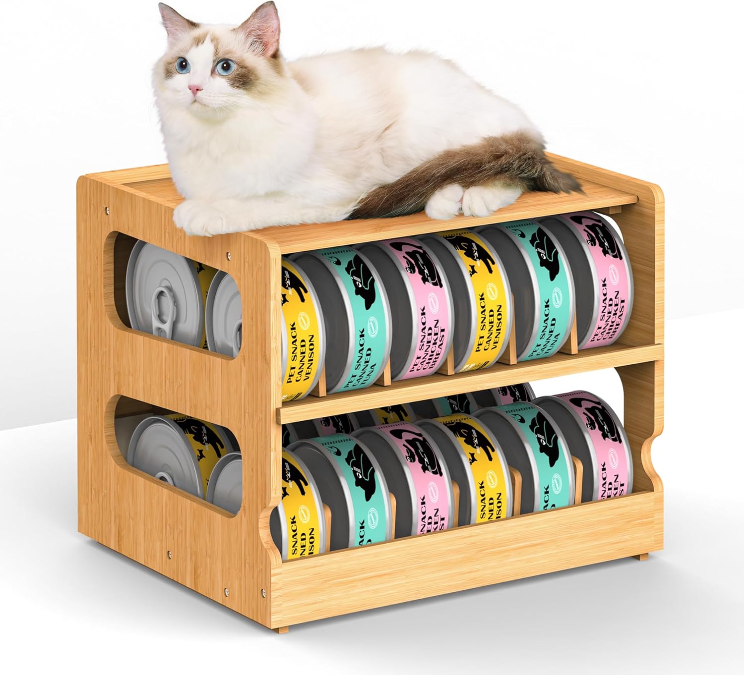 Teamkio Can Organizer for Pantry, Bamboo Pantry Organizer, 2 Tier Stackable Can Storage Rack Ideal for 36 Human and Pet Food Cans thumbnail