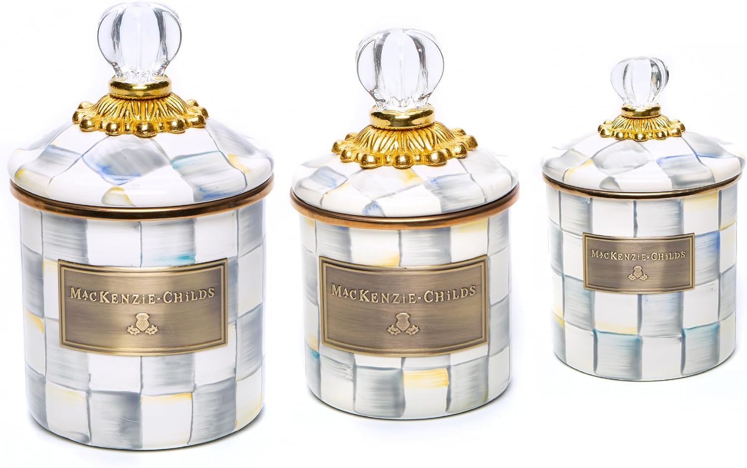 MACKENZIE-CHILDS Enamel Canister Set, Mini (14 oz.), Demi (24 oz.), and Small (38 oz.) Kitchen Containers, Gray-and-White Sterling Check thumbnail
