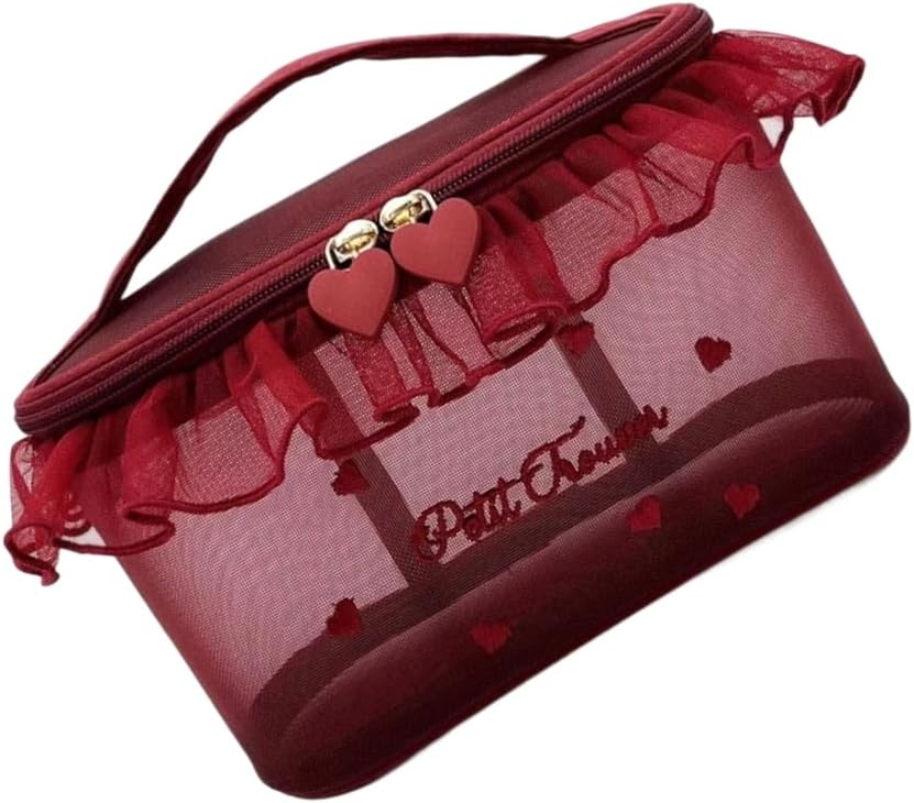 Nylon Makeup Pouch With Transparent Mesh And Heart Embroidery, Cosmetic Bag With Zipper For Travel And Daily Organization thumbnail