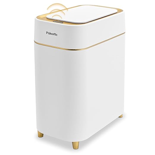 Pukomc Automatic Small Sensor Trash Can with Touchless Lid, 2.3 Gallon / 9L Smart Garbage Can, Quiet Close White Gold Waste Bin - Perfect for Kitchen, Living Room & Small Spaces thumbnail
