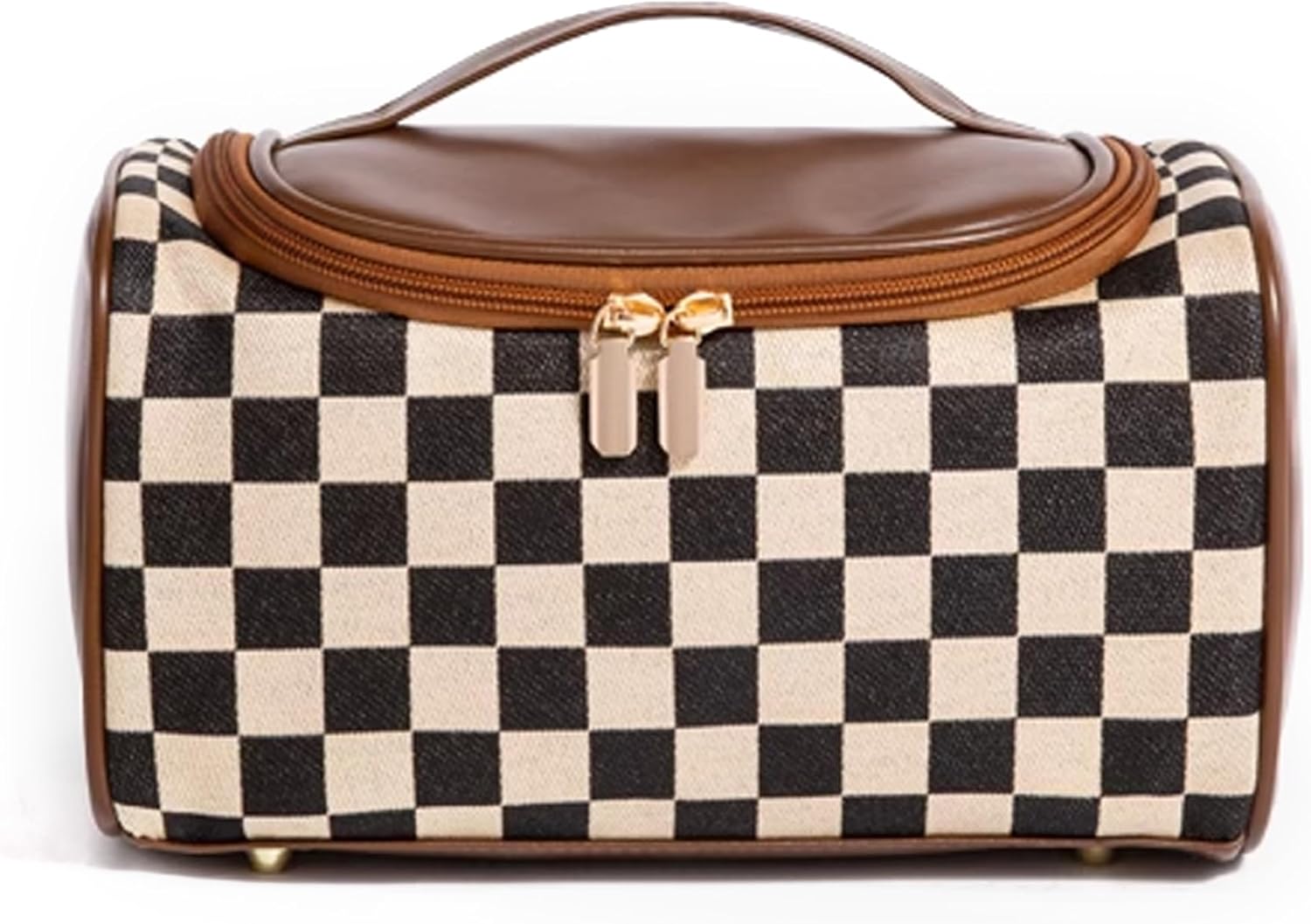 Vintage Makeup Bag for Women Portable Retro Checkered Pattern Cosmetic Organizer Patchwork Style Pillow Storage Pouch Skincare Storage Bag Large Capacity Elegant Handheld Waterproof Handbag thumbnail