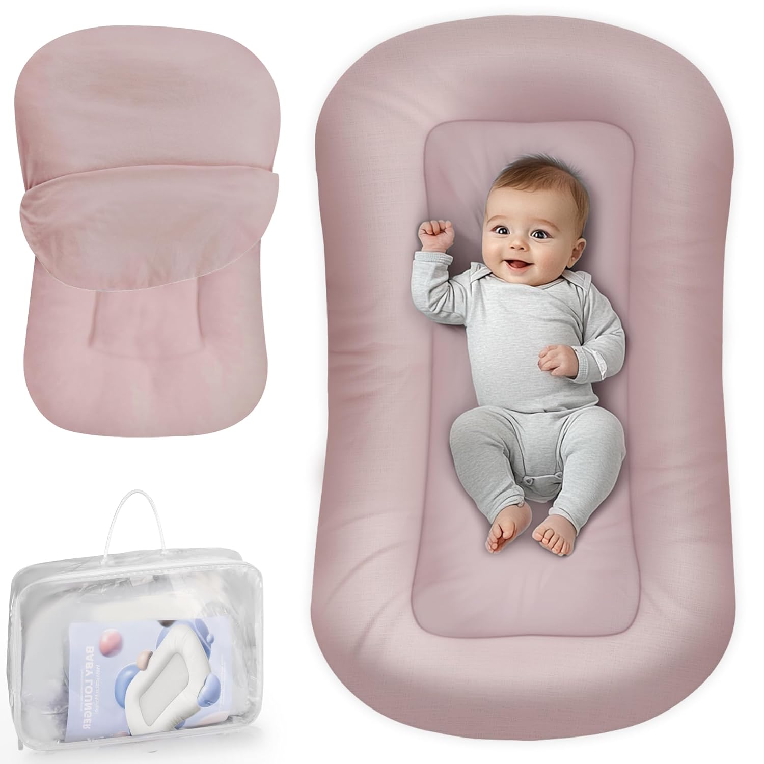Baby Lounger - Baby Lounger for Newborn, 0-24 Months, Infant Lounger for Home and Travel, Soft Cotton, Baby Nest Lounger, Newborn Babies Essentials Gifts, Pink (Lounger Cover Included) thumbnail