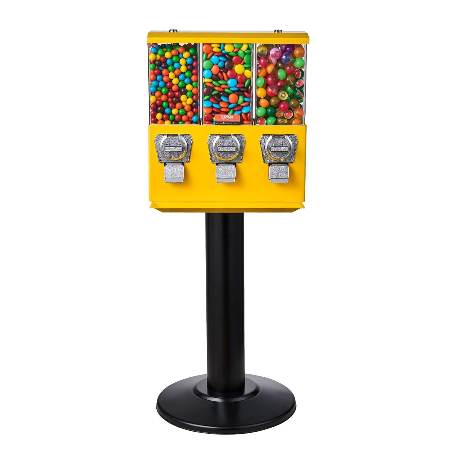 VEVOR Commercial Vending Machine, Triple Compartment Candy Dispenser with Iron Stand, Gumball and Candy Machine for Business, Coin Operated Gumball Bank for Toy Capsules Bouncy Balls Candy Nut, Yellow thumbnail