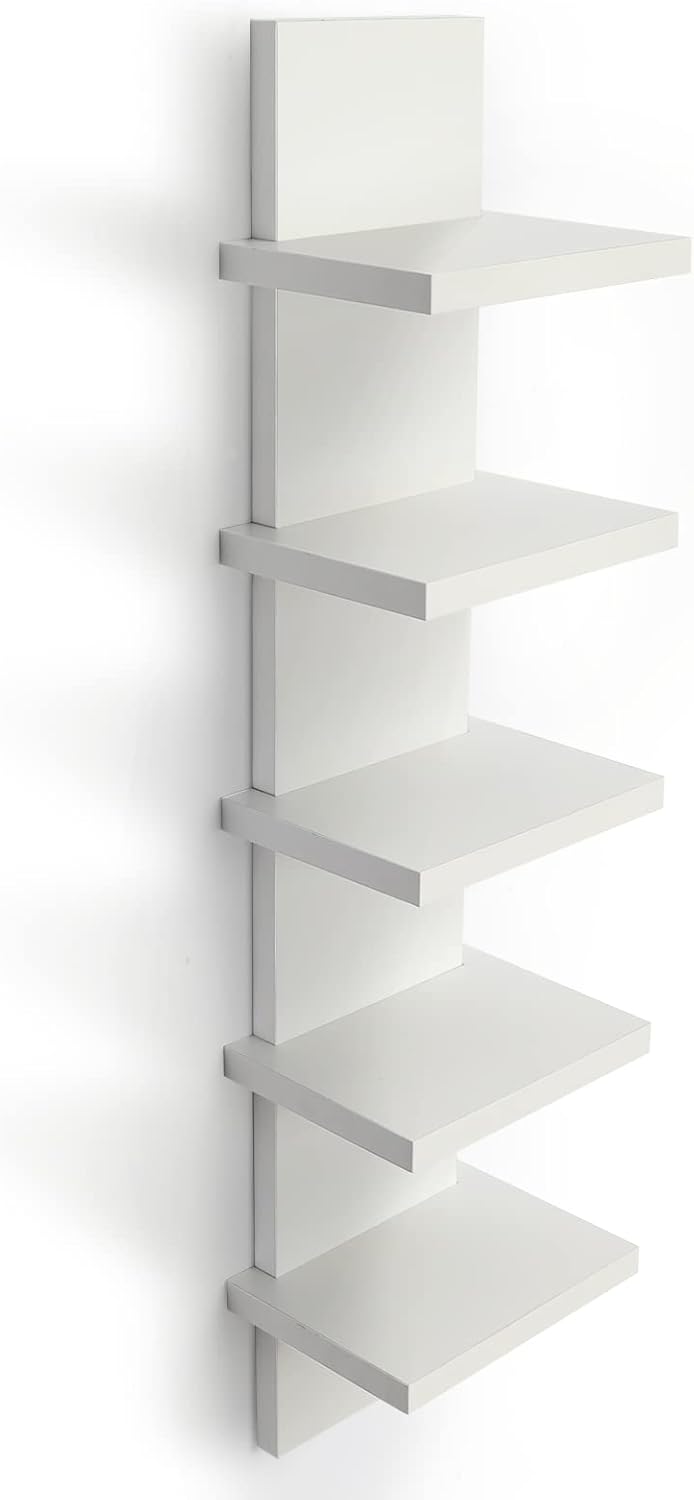 5 Tier Wall Shelves White, Vertical Column Shelf Floating Storage Home Decor Organizer Tall Tower Design Utility Shelving Bedroom Living Room thumbnail