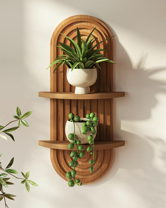 Bamworld Boho Wall Decor Brown Plant Wall Shelf, Mid Century Modern Decor Hanging Plant Shelf, 2-Tier Wooden Floating Shelves for Home, Bathroom Bedroom Living Room, Office Holding Planter Decoration thumbnail